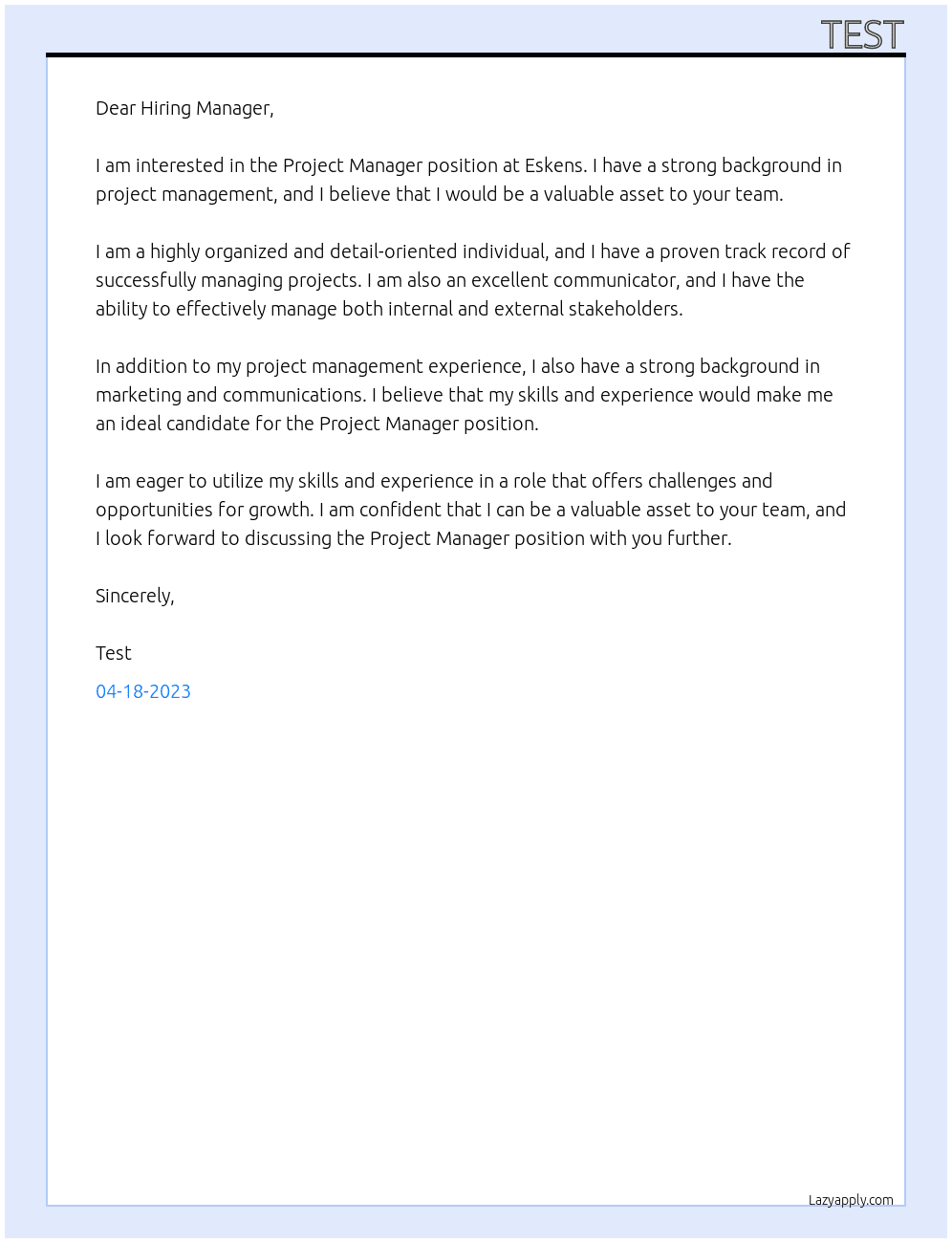 Project Manger At Eskens Cover Letter