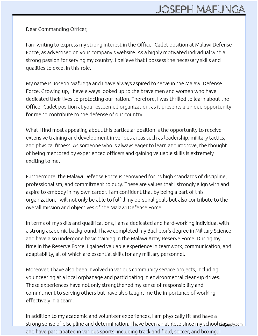 Officer Cadet At Malawi Defense Force Cover Letter