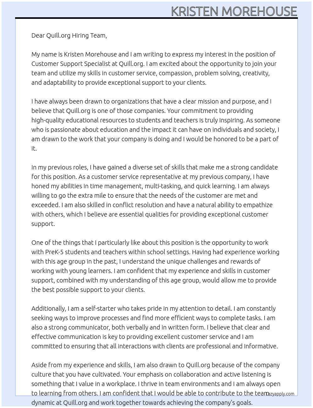 Customer Support Specialist At Quill.org Cover Letter