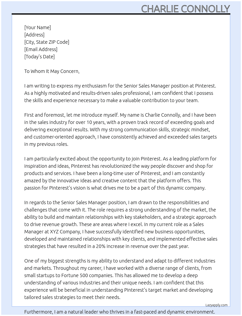 Senior Sales Manager At Pinterest Cover Letter