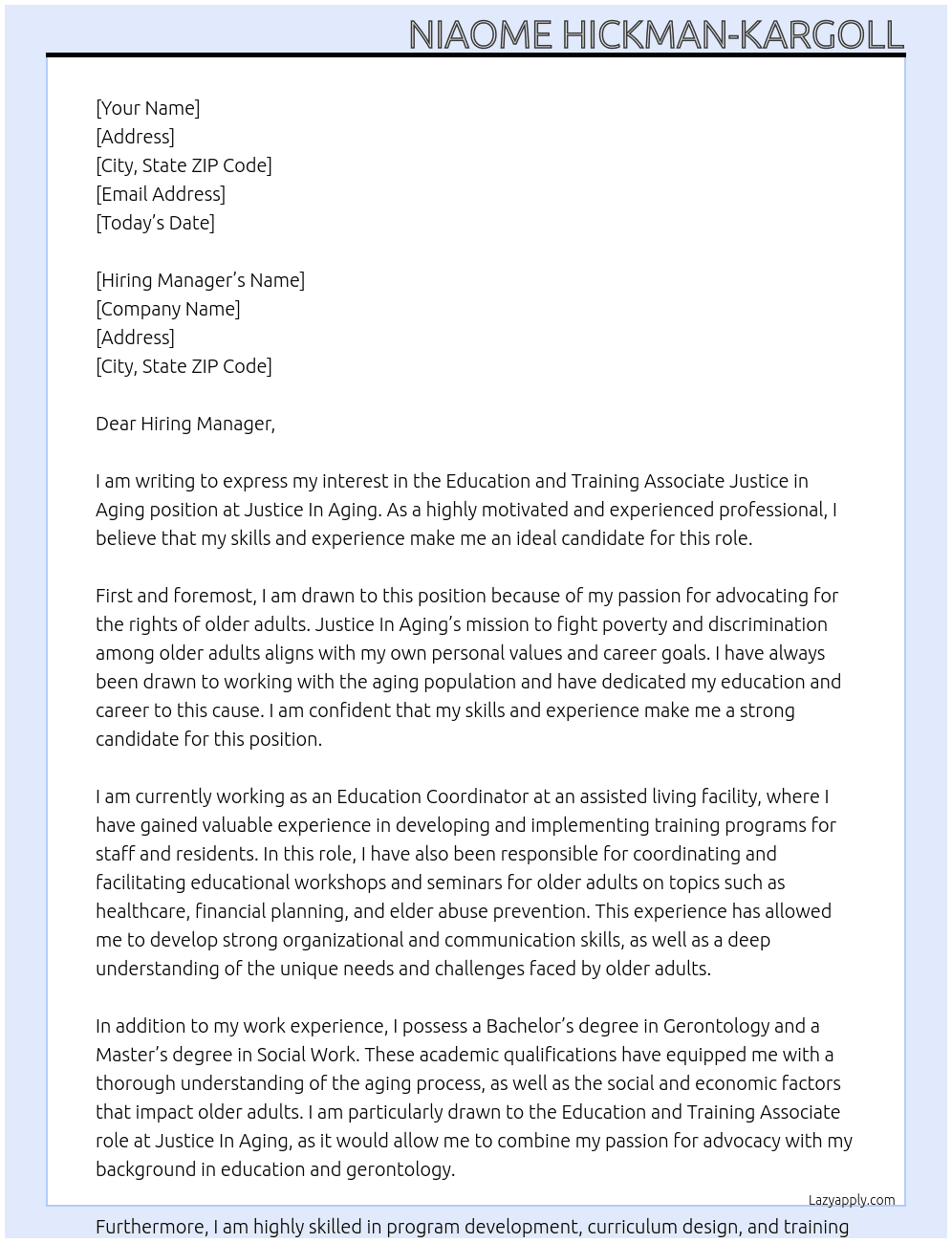 Education and Training Associate  Justice in Aging At Justice In Aging Cover Letter