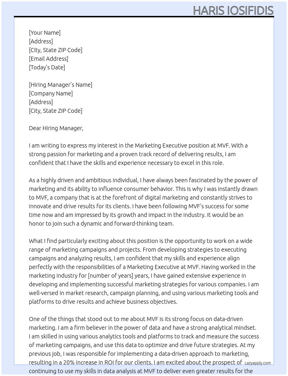 Marketing Executive At MVF Cover Letter