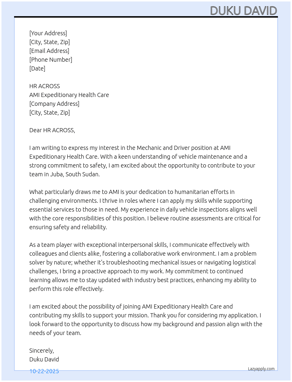 Mechanic and Driver At ami expeditionary health care Cover Letter