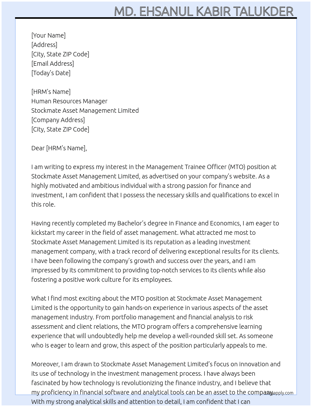 Management Trainee Officer (MTO) At Stockmate Asset Management Limited Cover Letter