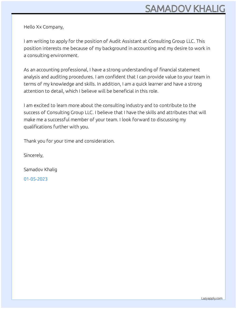 Audit Assistant  At Consulting Group LLC Cover Letter