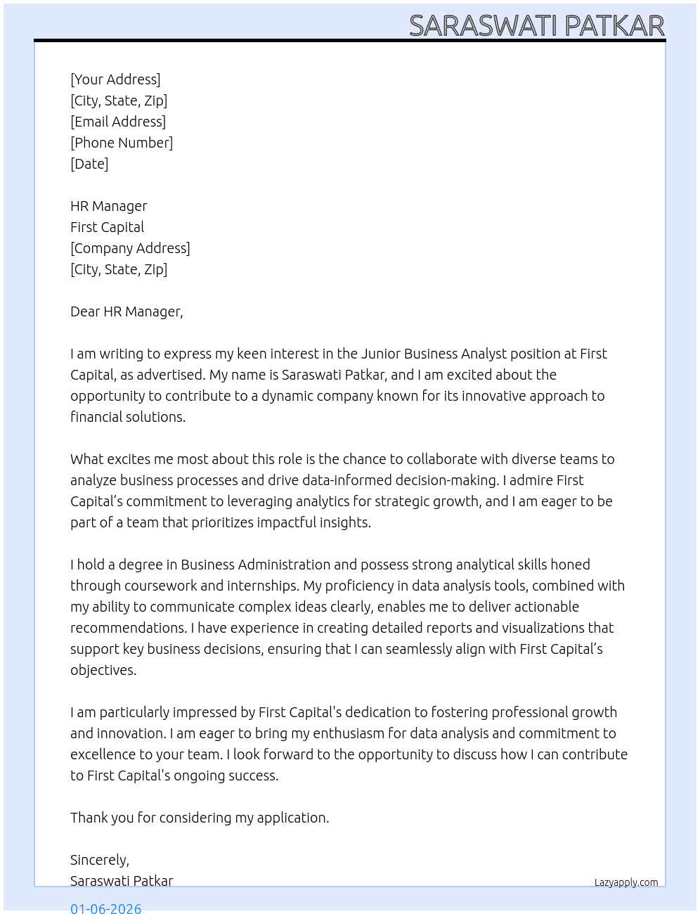 Cover letter for junior business analyst - LazyApply