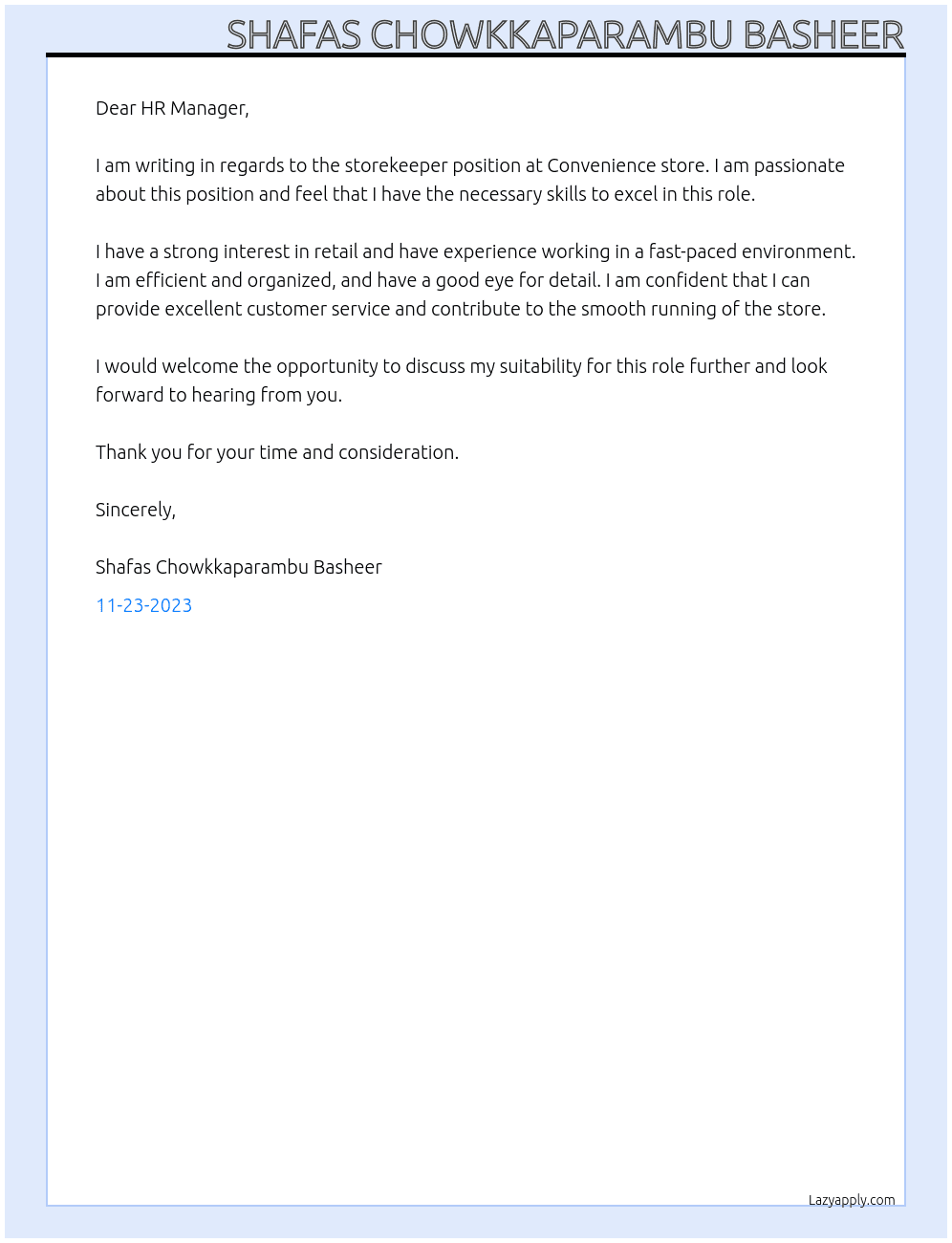 Store keeped At Convenience store Cover Letter