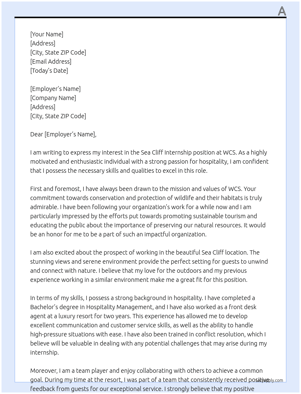 Sea Cliff Internship At WCS Cover Letter