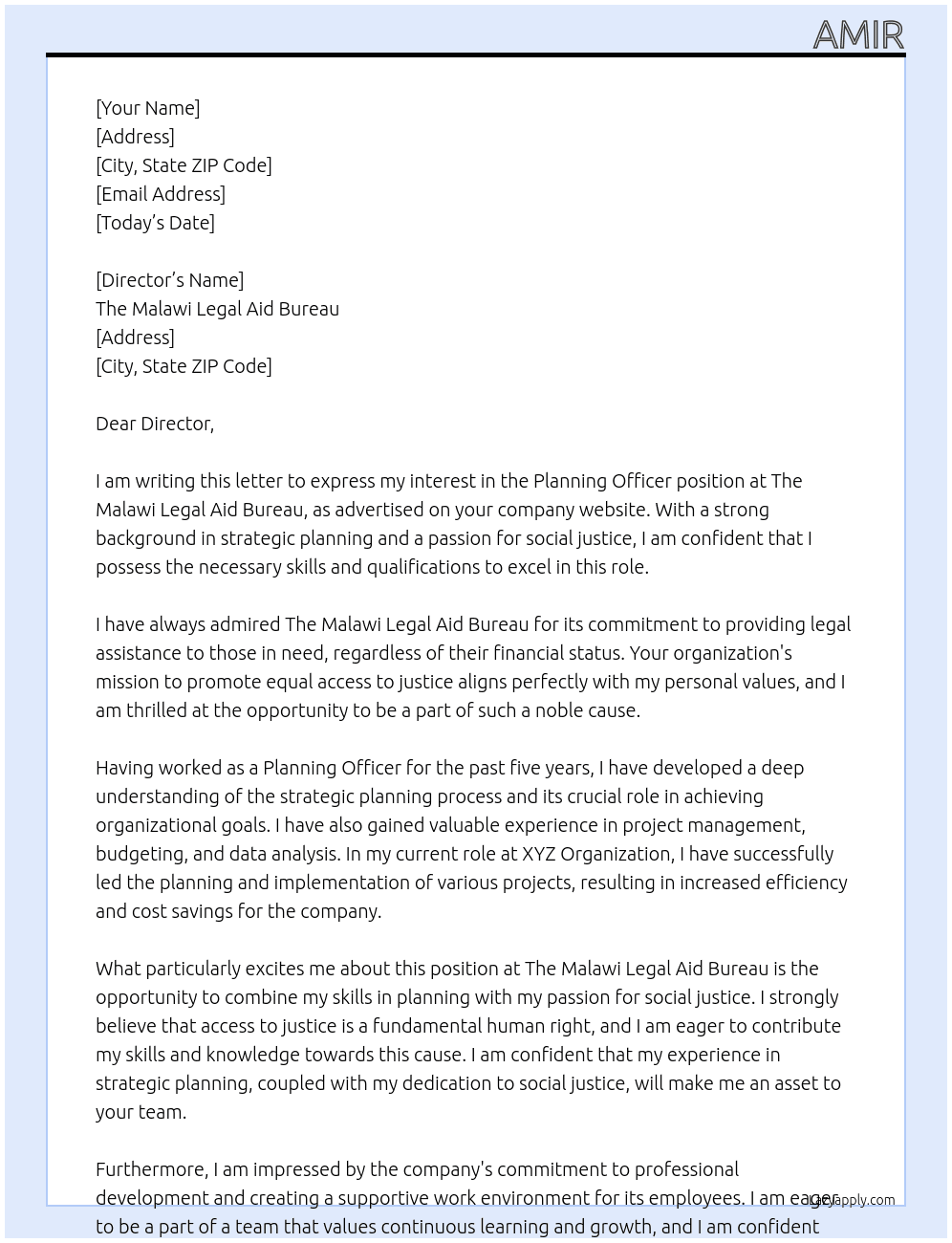 Planning officer  At The Malawi Legal Aid Bureau Cover Letter