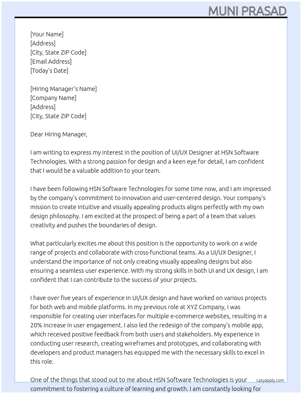 uiux designer At HSN Software Technologies Cover Letter