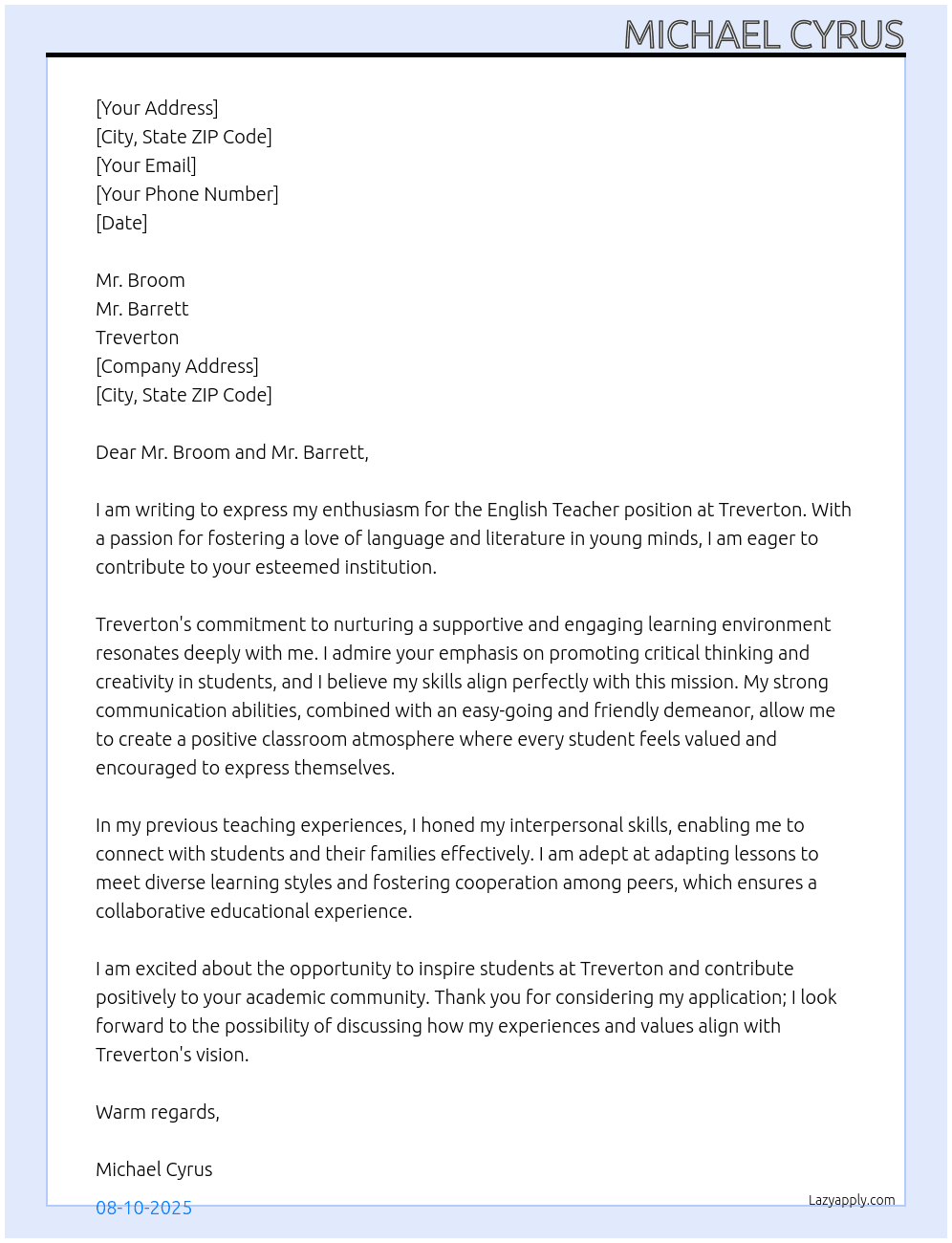 English Teacher At Treverton Cover Letter