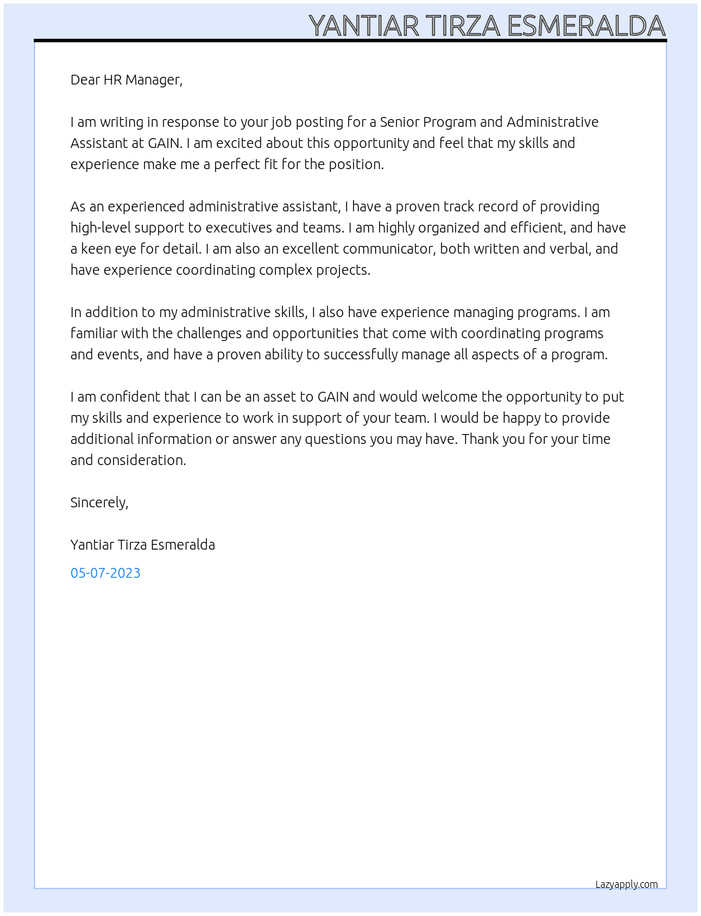 Senior Program and Administrative Assistant At GAIN Cover Letter