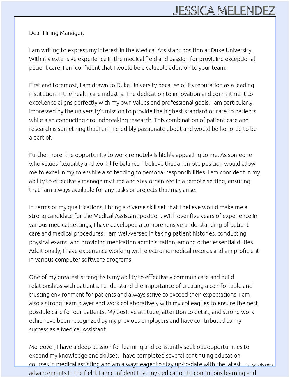 Medical Assistant At Duke University Cover Letter