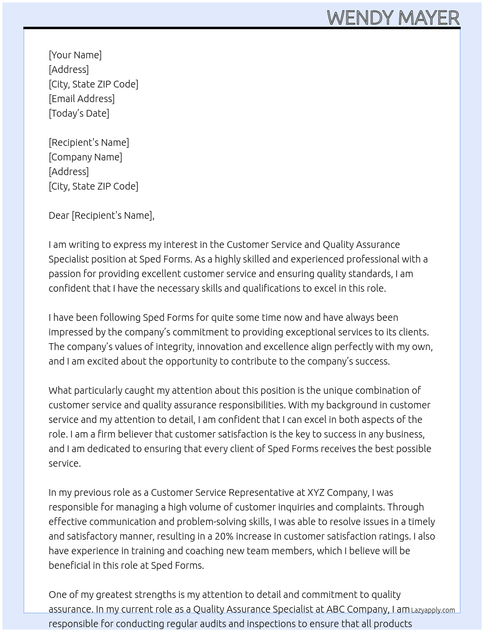 Customer Service and Quality Assurance Specialist At Sped Forms Cover Letter