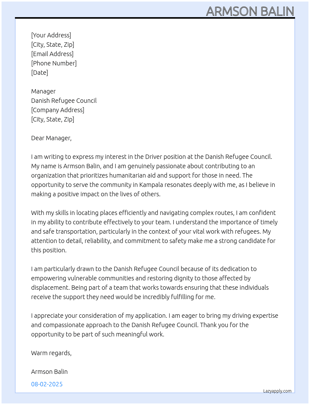 Driver At Danish refugee council Cover Letter