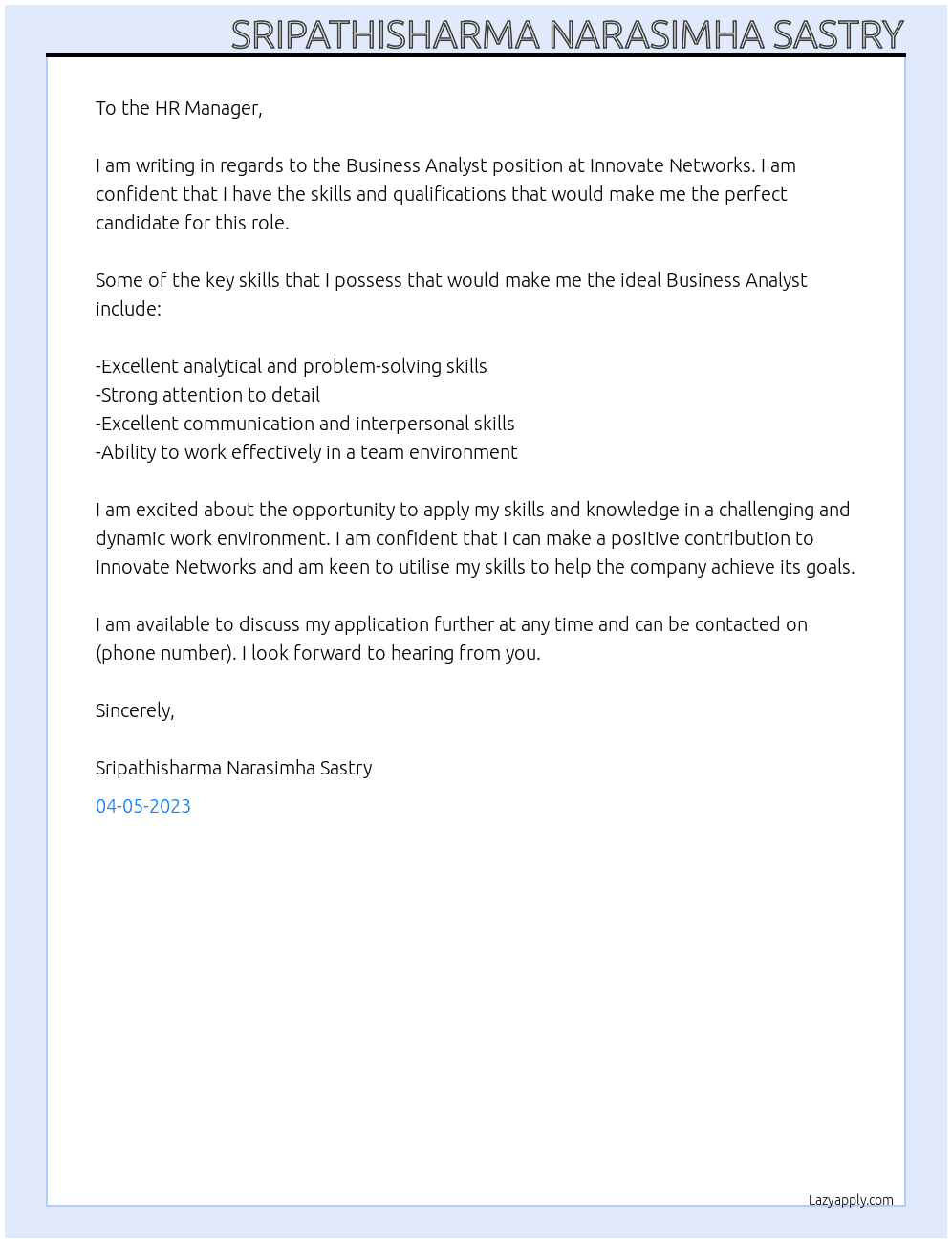 Business analyst  At Innovate networks Cover Letter