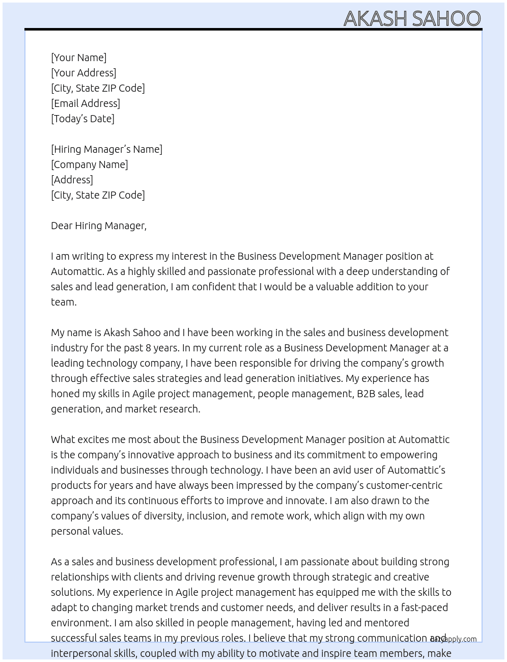 Business Developmenet Manager At Automattic Cover Letter