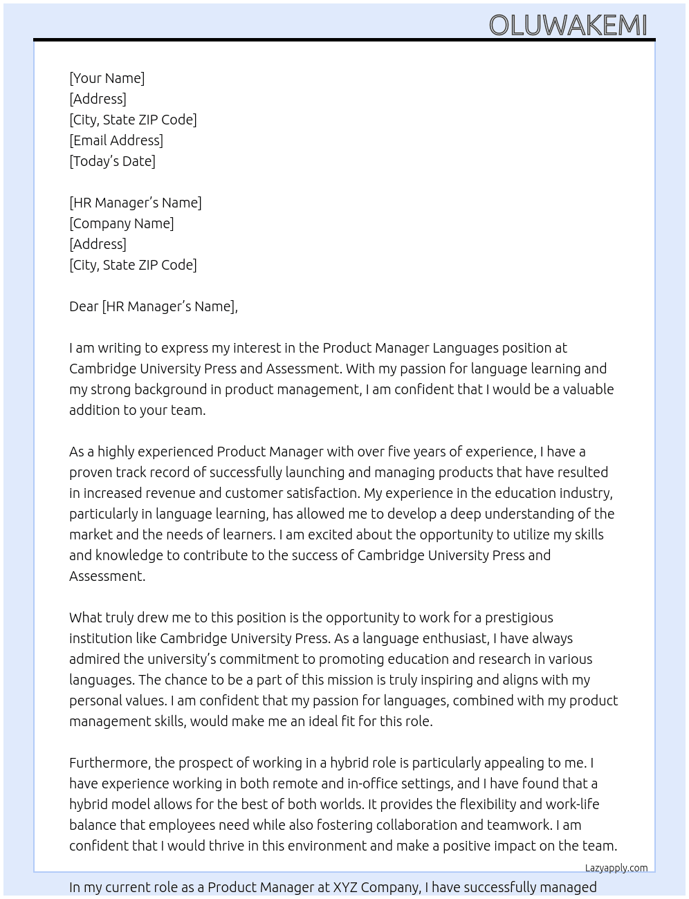Product Manager Languages  At Cambridge University Press and Assessment  Cover Letter