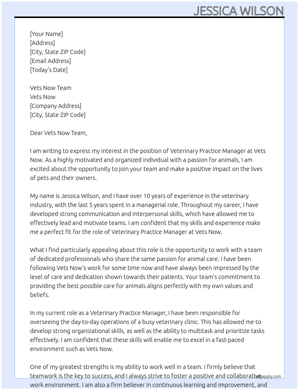 Veterinary Practice Manager At Vets Now Cover Letter