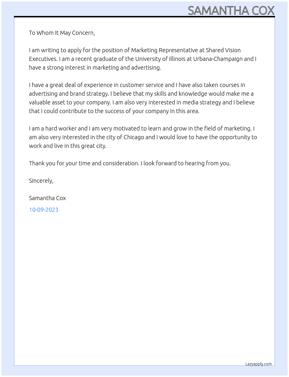 Marketing Representative At Shared Vision Executives Cover Letter