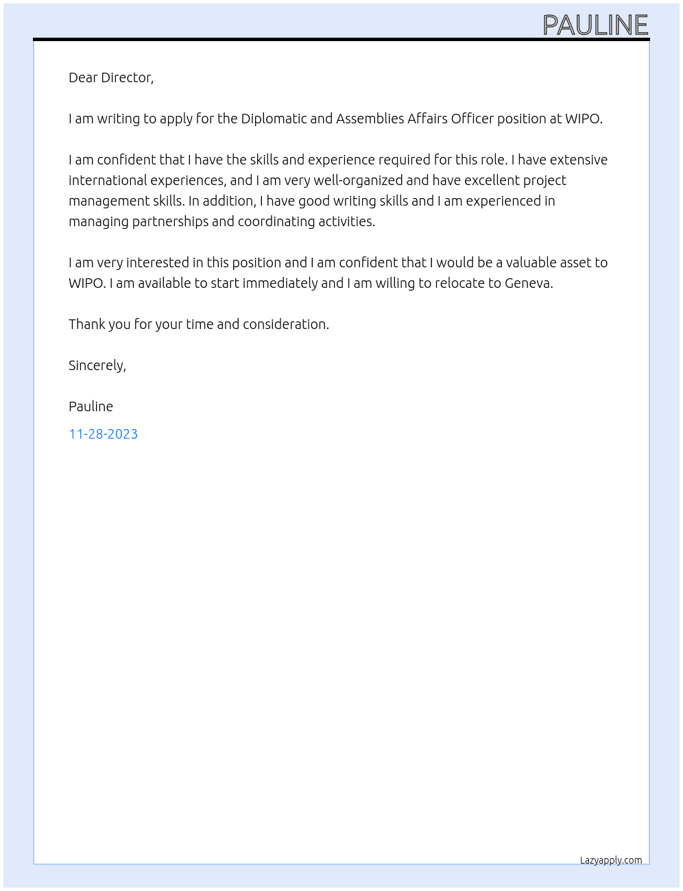 Diplomatic and Assemblies Affairs Officer At WIPO Cover Letter