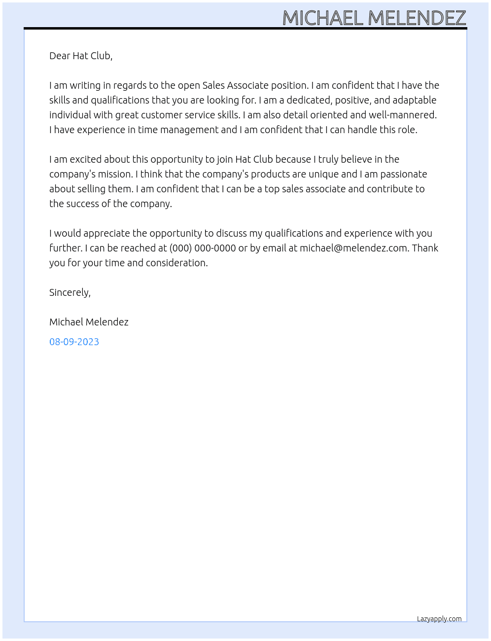 Sales Associate At Hat Club Cover Letter