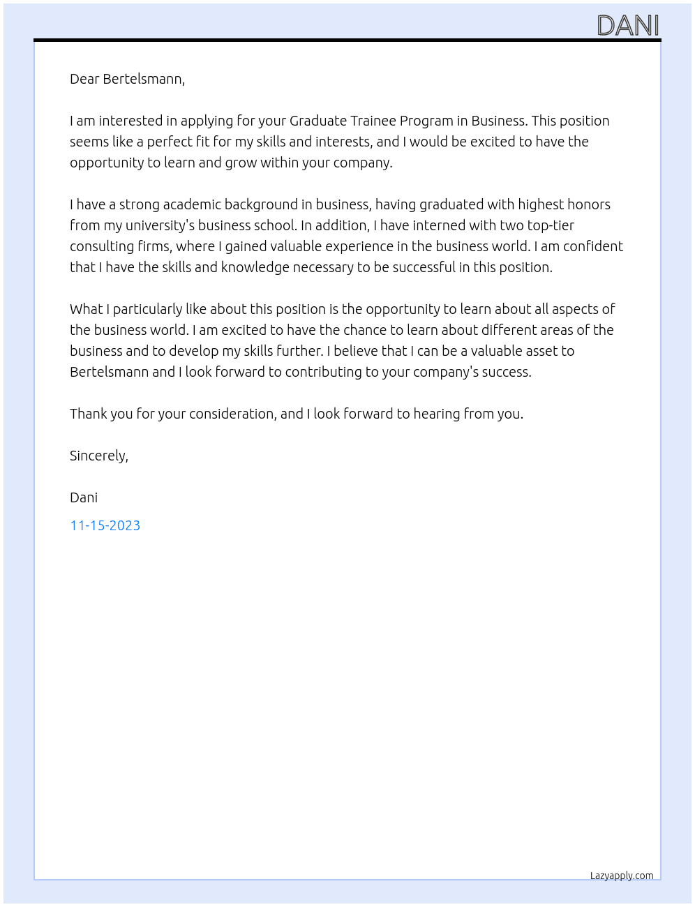 Graduate Trainee Program Business At Bertelsmann Cover Letter