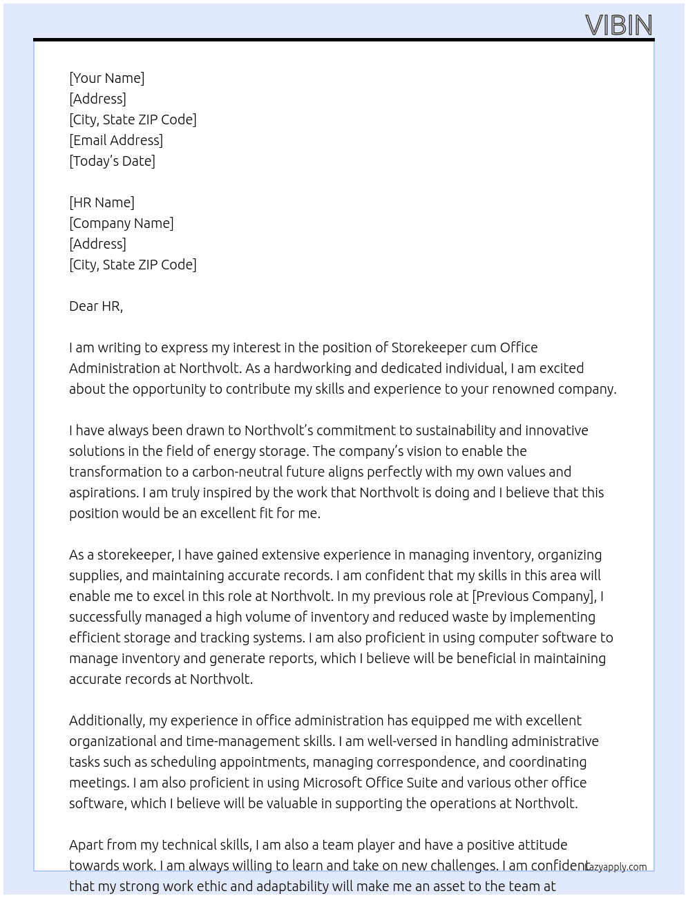 Storekeeper cum Office administration At Northvolt Cover Letter