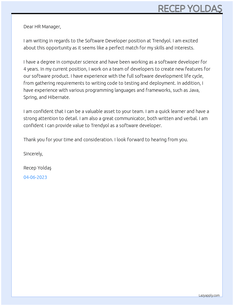 Software Developer At Trendyol Cover Letter