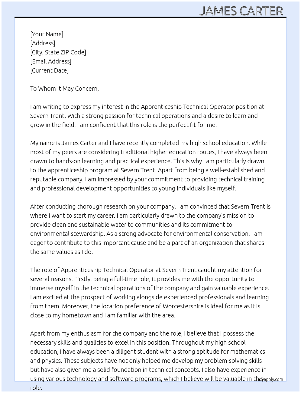 Apprenticeship technical operator  At Severn trent Cover Letter