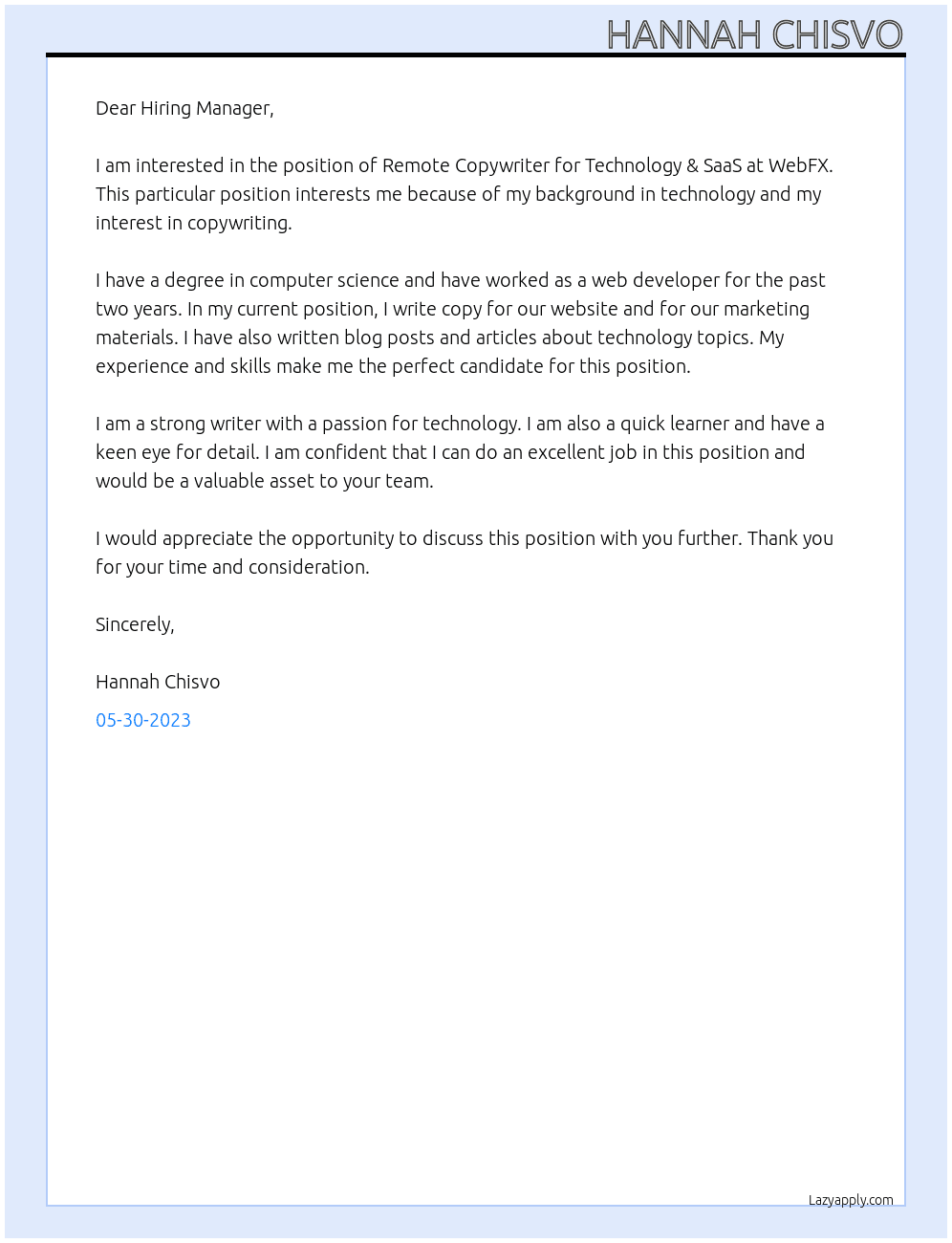 Remote Copywriter : Technology & SaaS At WebFX Cover Letter