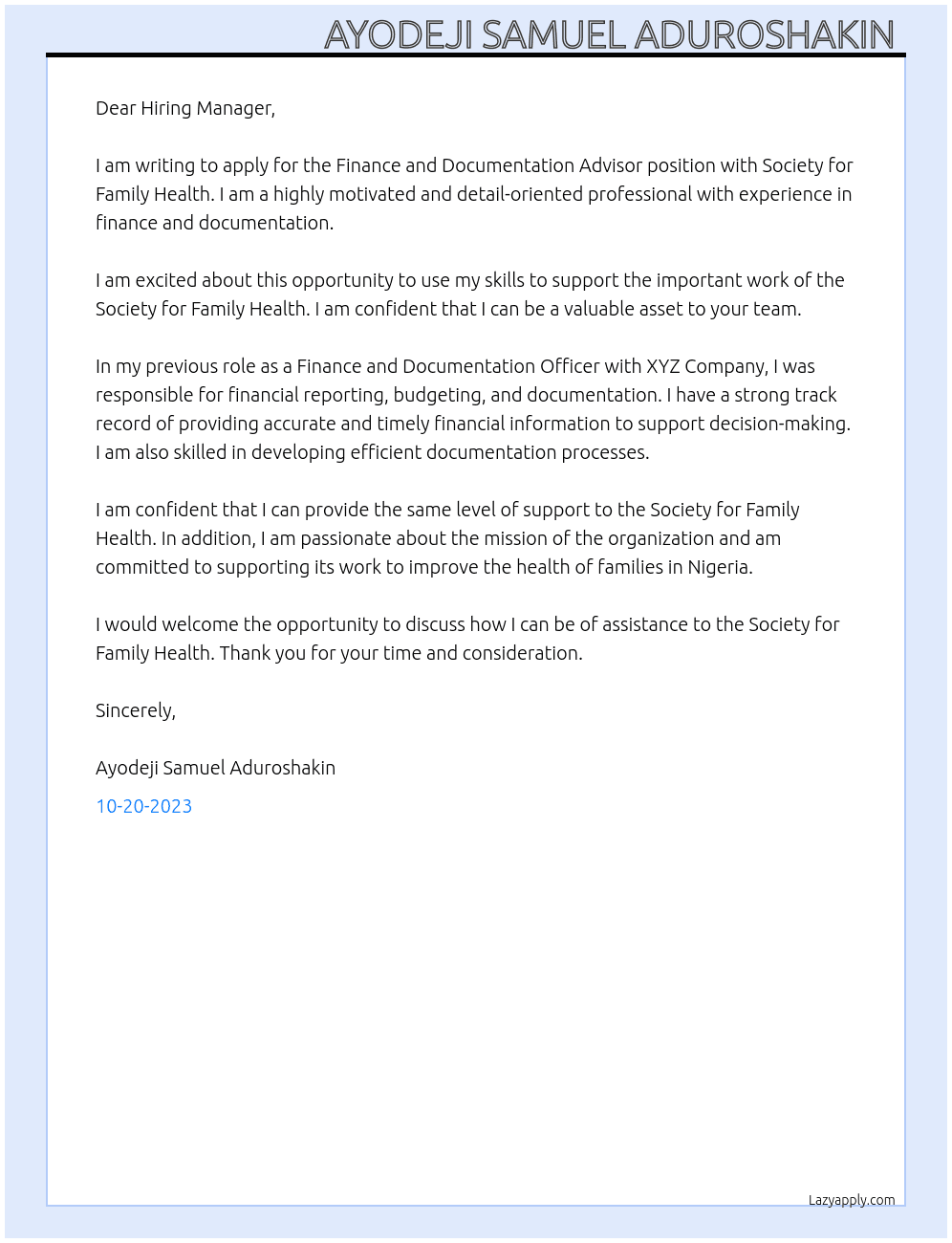 Finance and Documentation Advisor At Society for Family Health Cover Letter