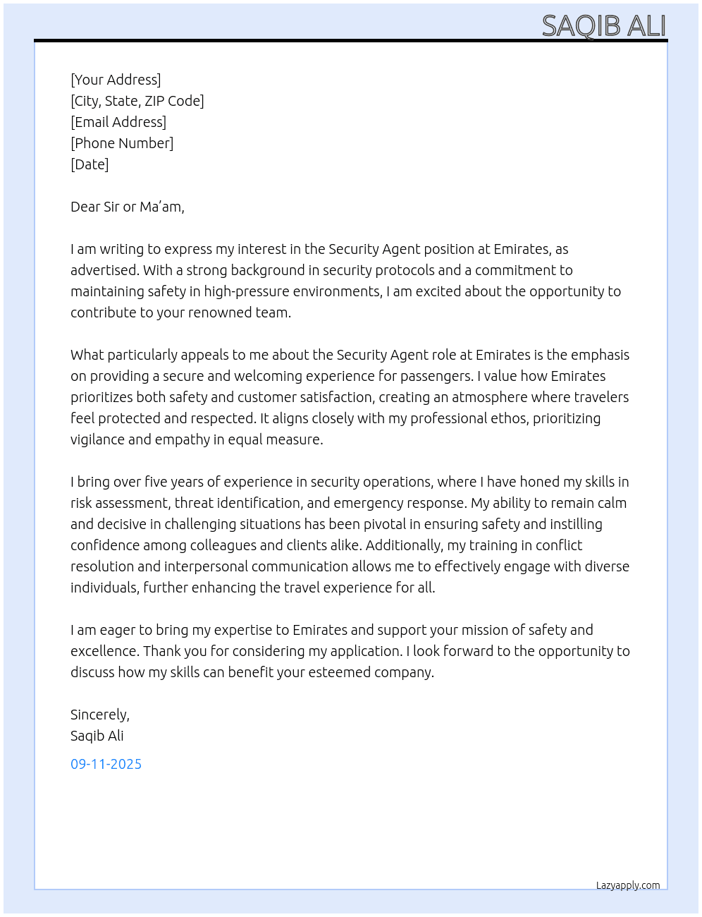 Security agent At emirates Cover Letter