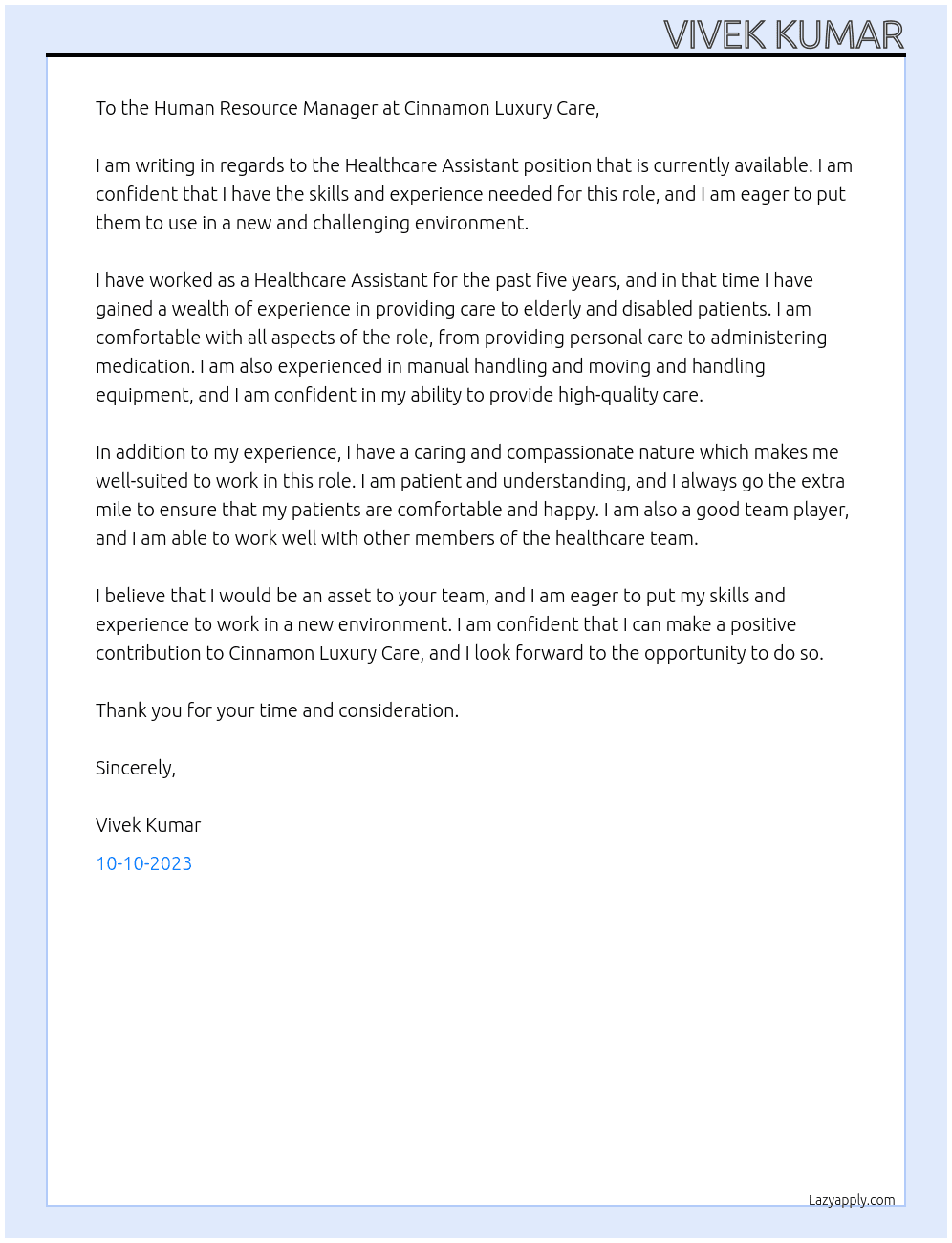 HealthCare Assistant  At Cinnamon Luxury  Care Cover Letter