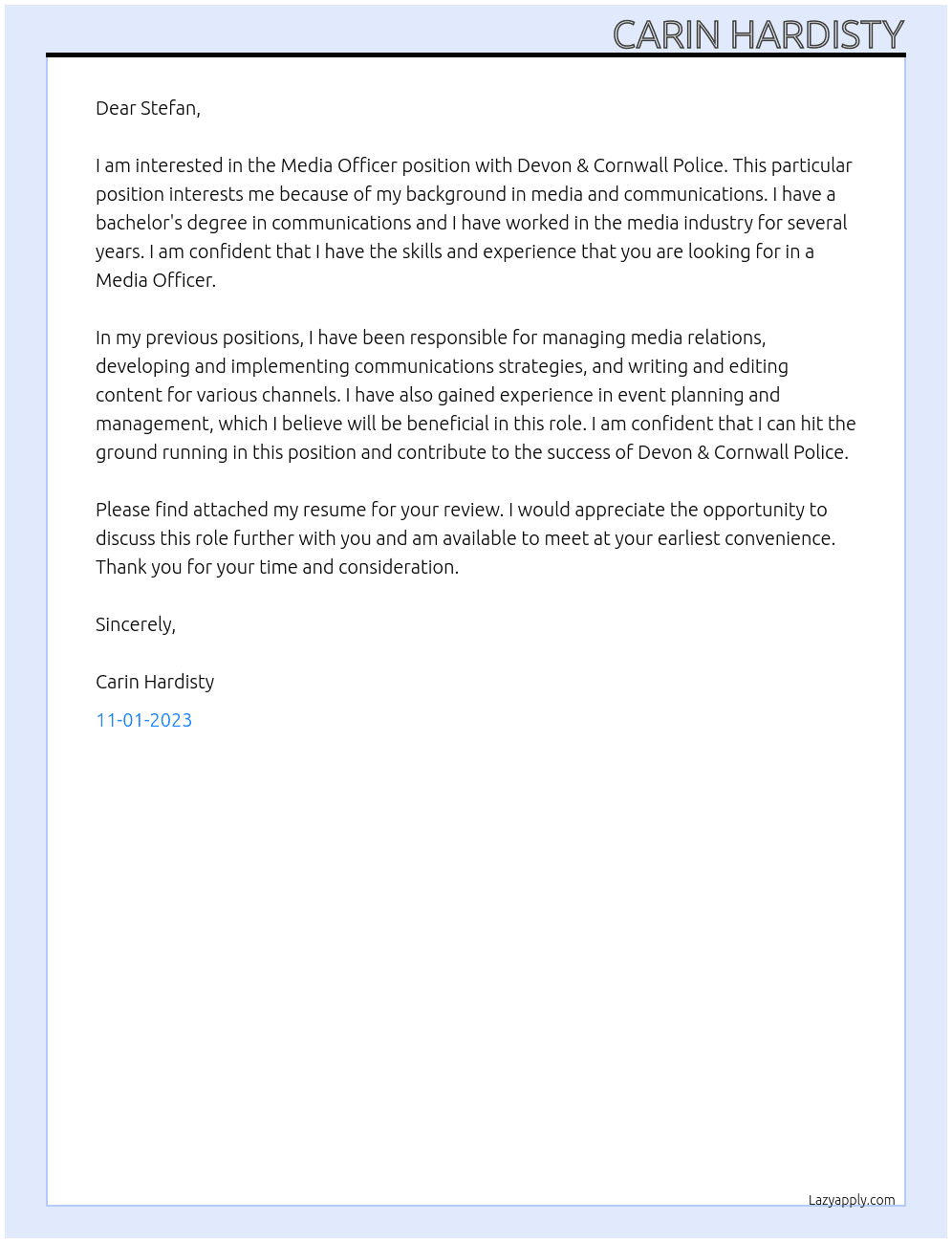 Media Officer At Devon & Cornwall Police Cover Letter