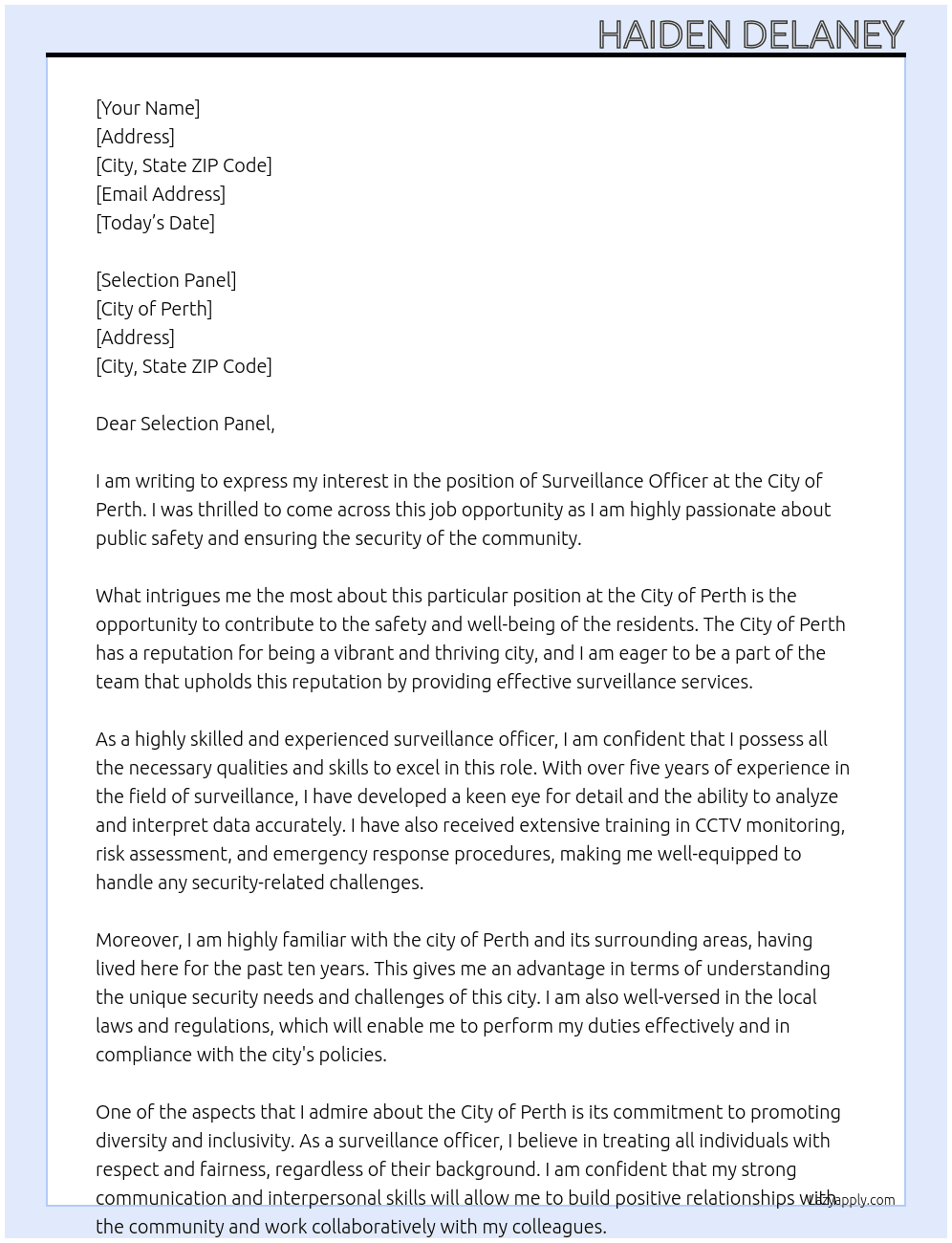 Surveillance Officer At City of Perth Cover Letter