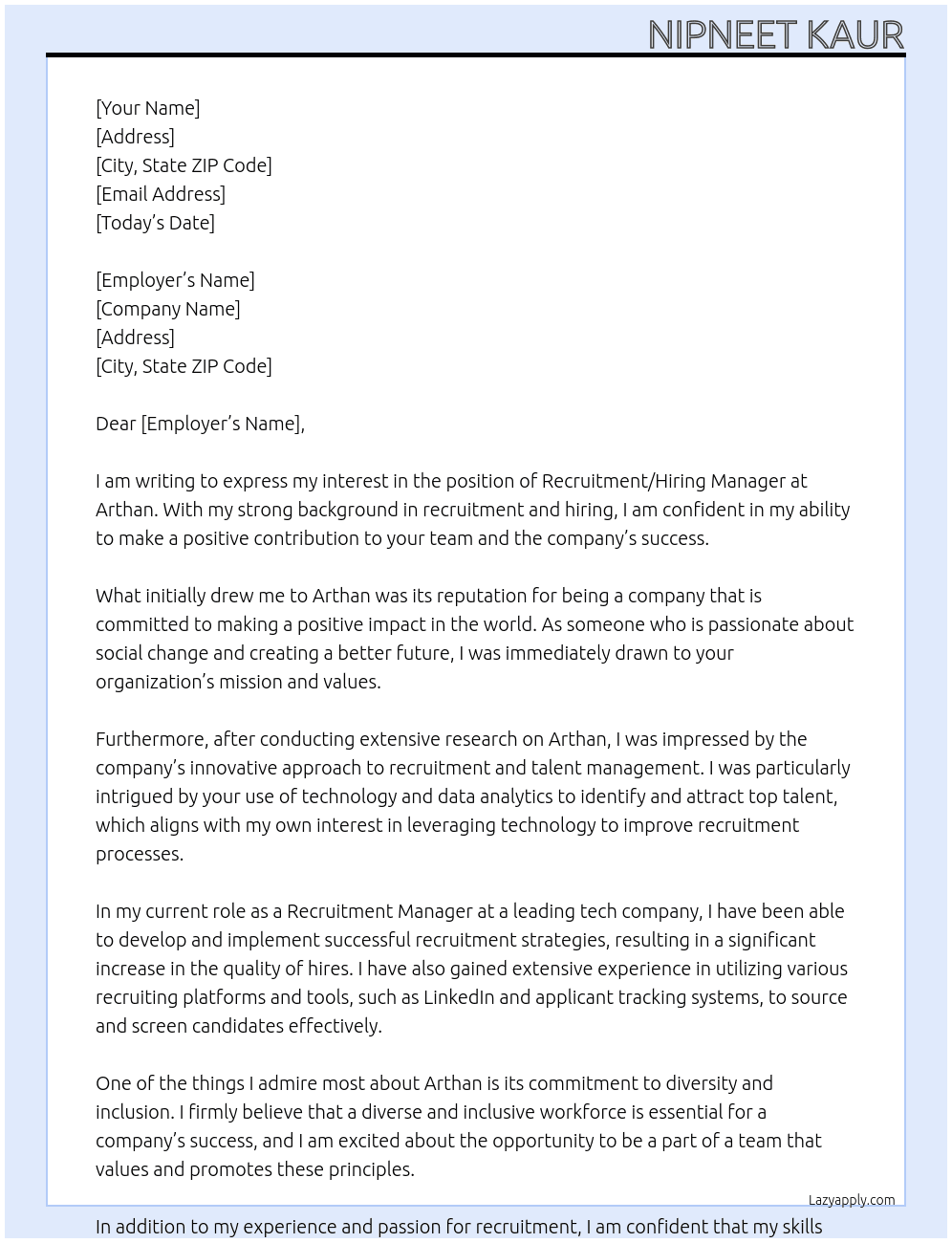 Recruitment/Hiring Manager At Arthan Cover Letter