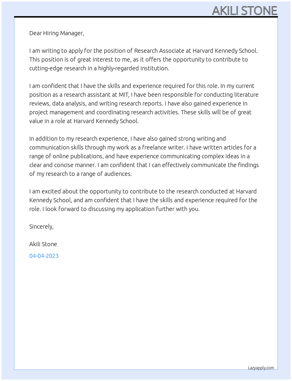 Research Associate At Harvard Kennedy Cover Letter