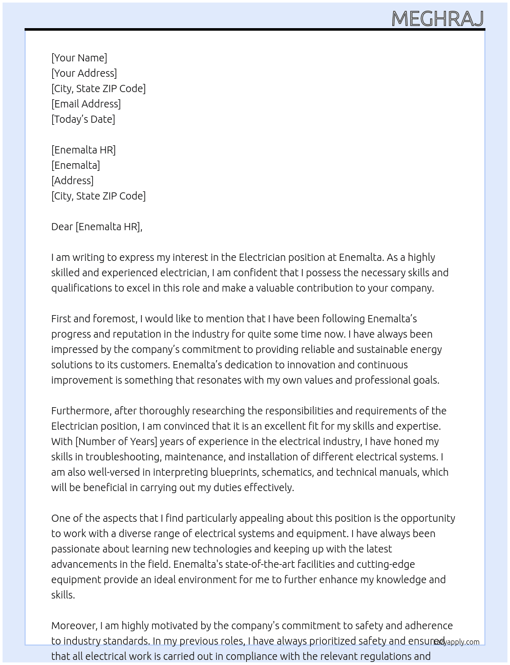 Electrician  At Enemalta  Cover Letter