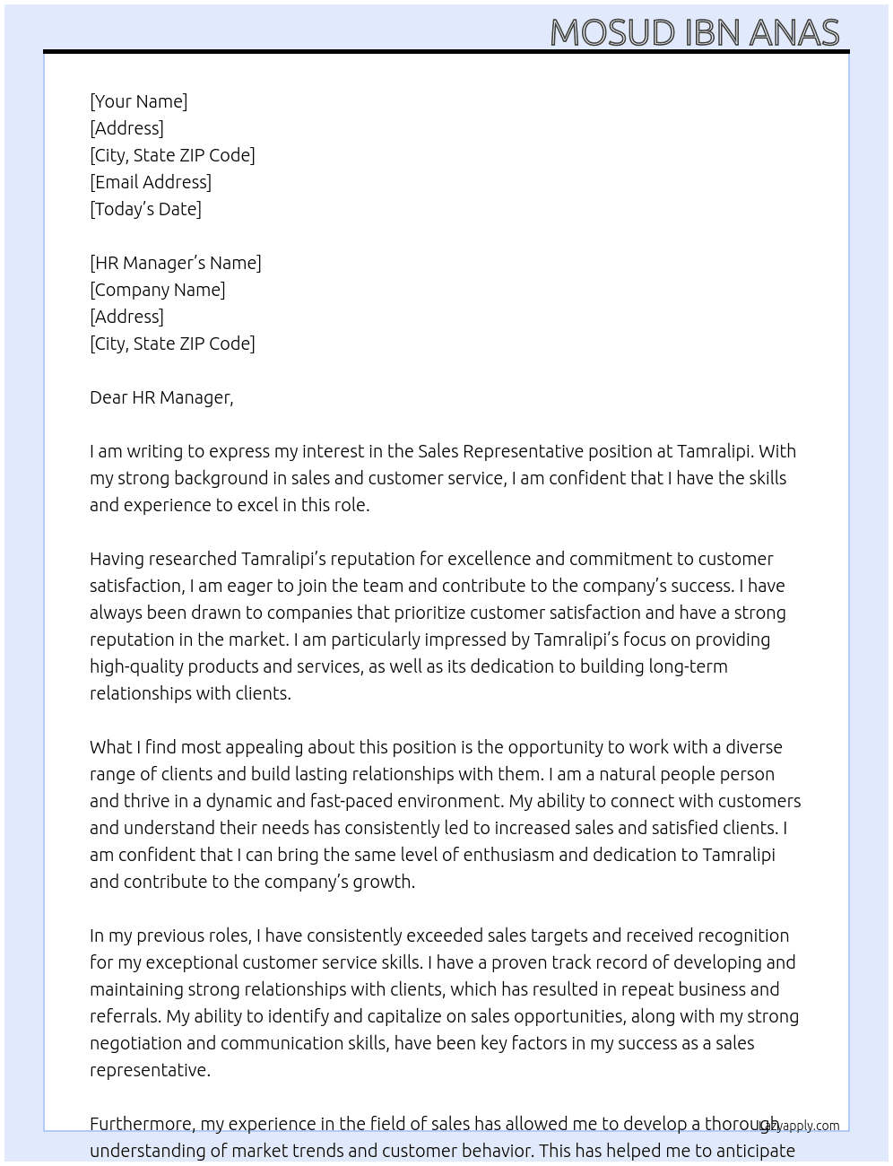 Sales Representative  At Tamralipi Cover Letter