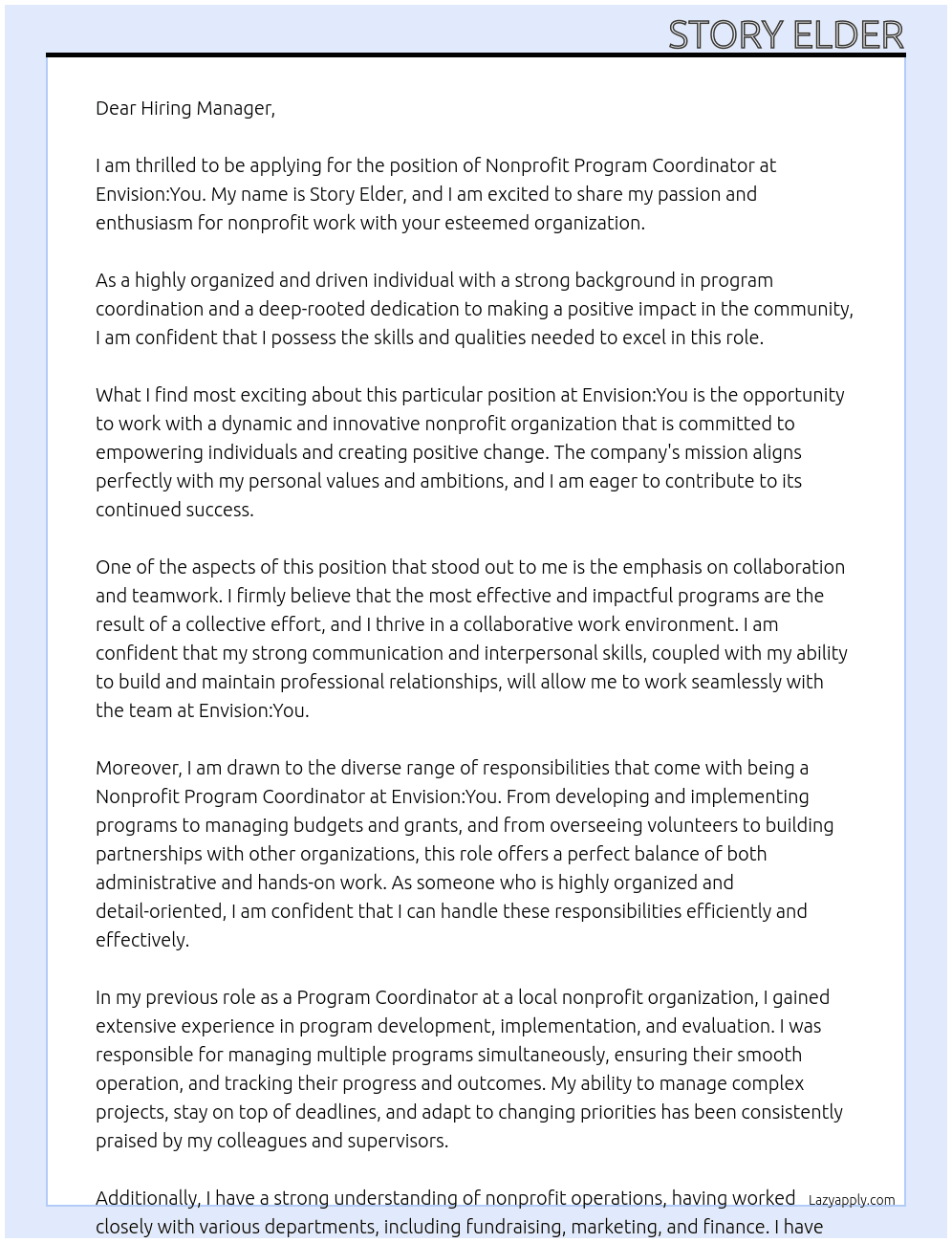 Nonprofit Program Coordinator At Envision:You Cover Letter