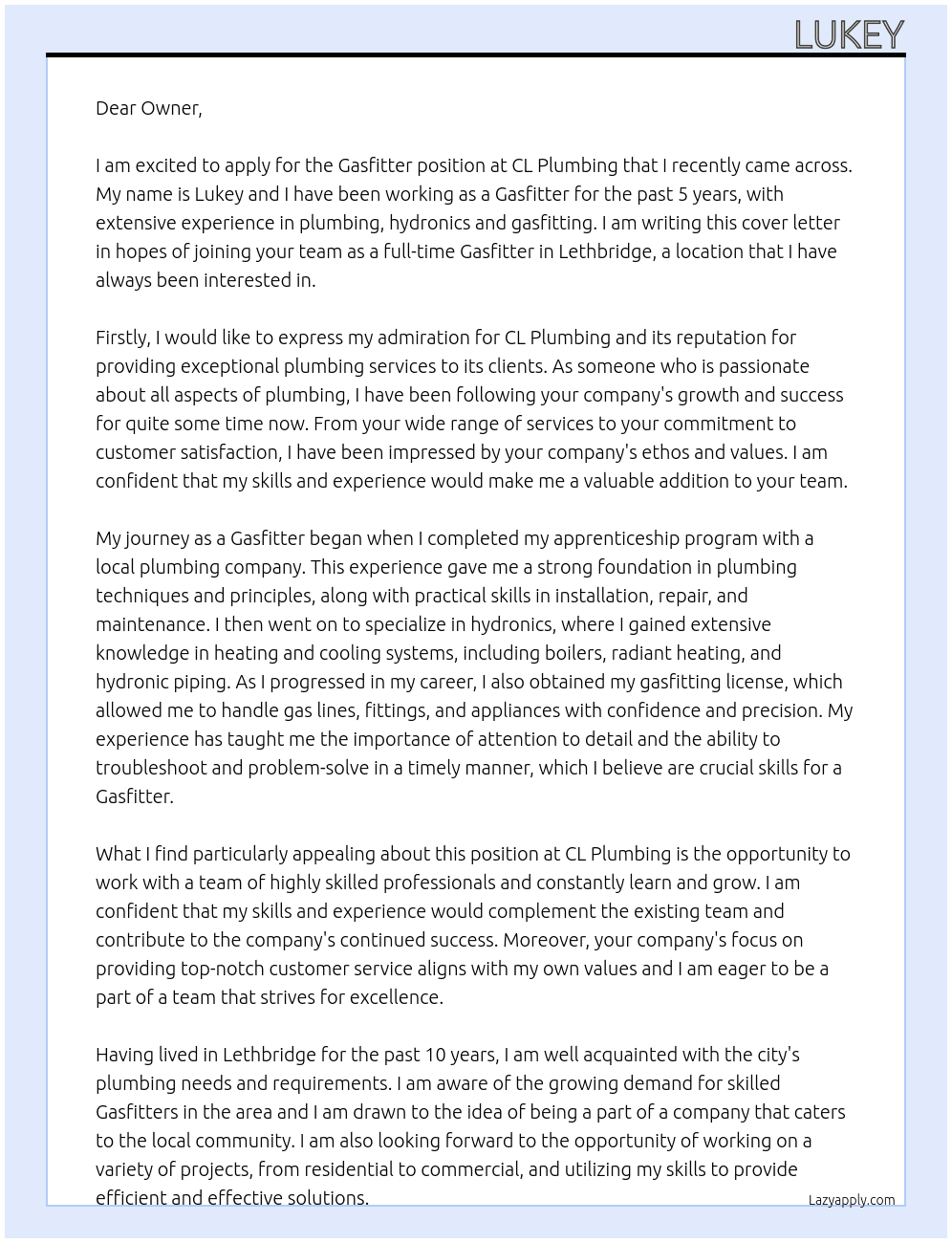 Gasfitter At CL plumbing Cover Letter