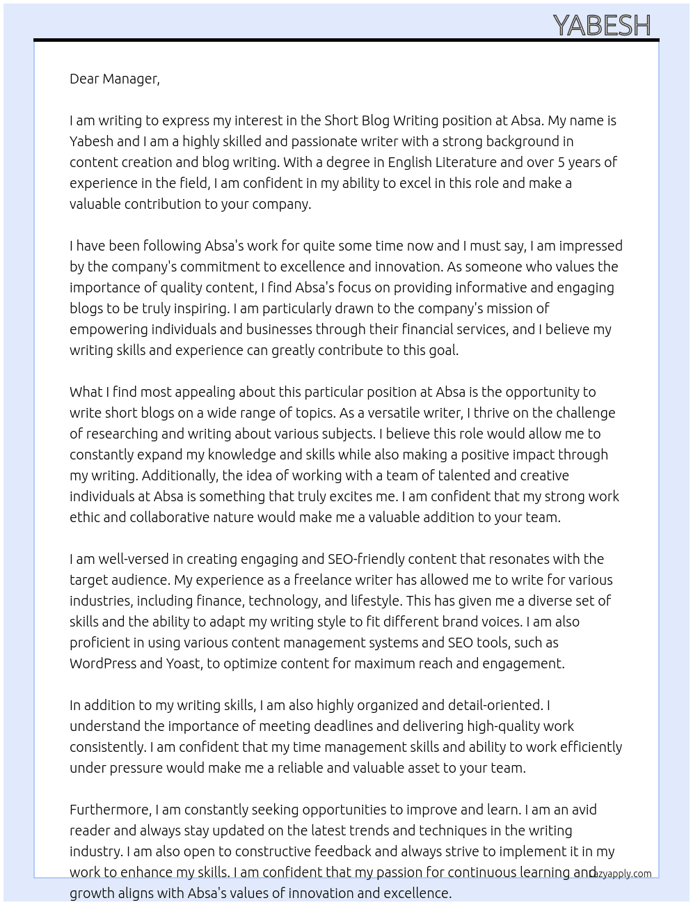 Short blog writing job At Absa Cover Letter