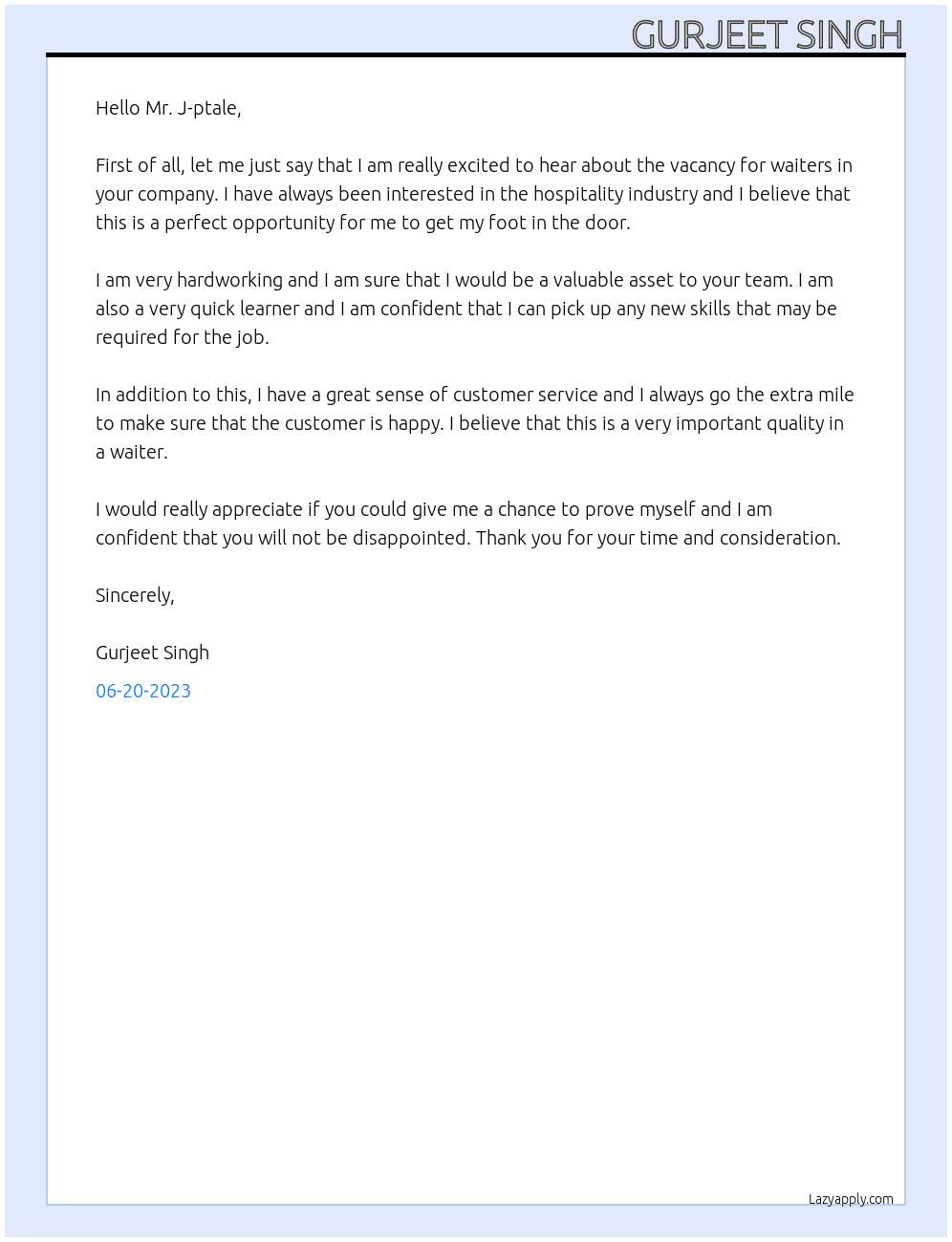 waiters , helper , cleaner  At Horeca Cover Letter