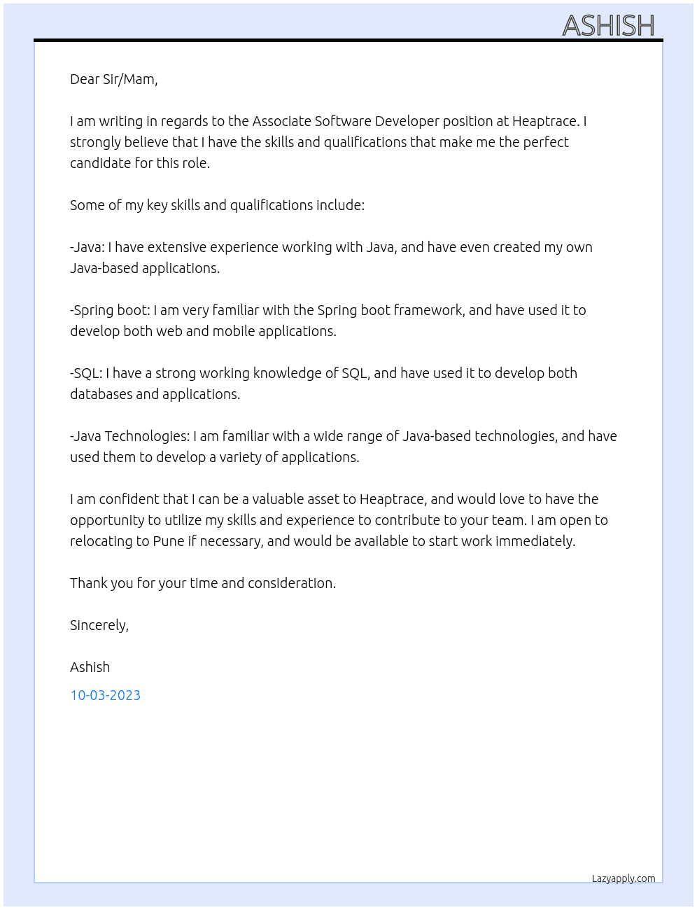Associate Software Developer  At Heaptrace Cover Letter