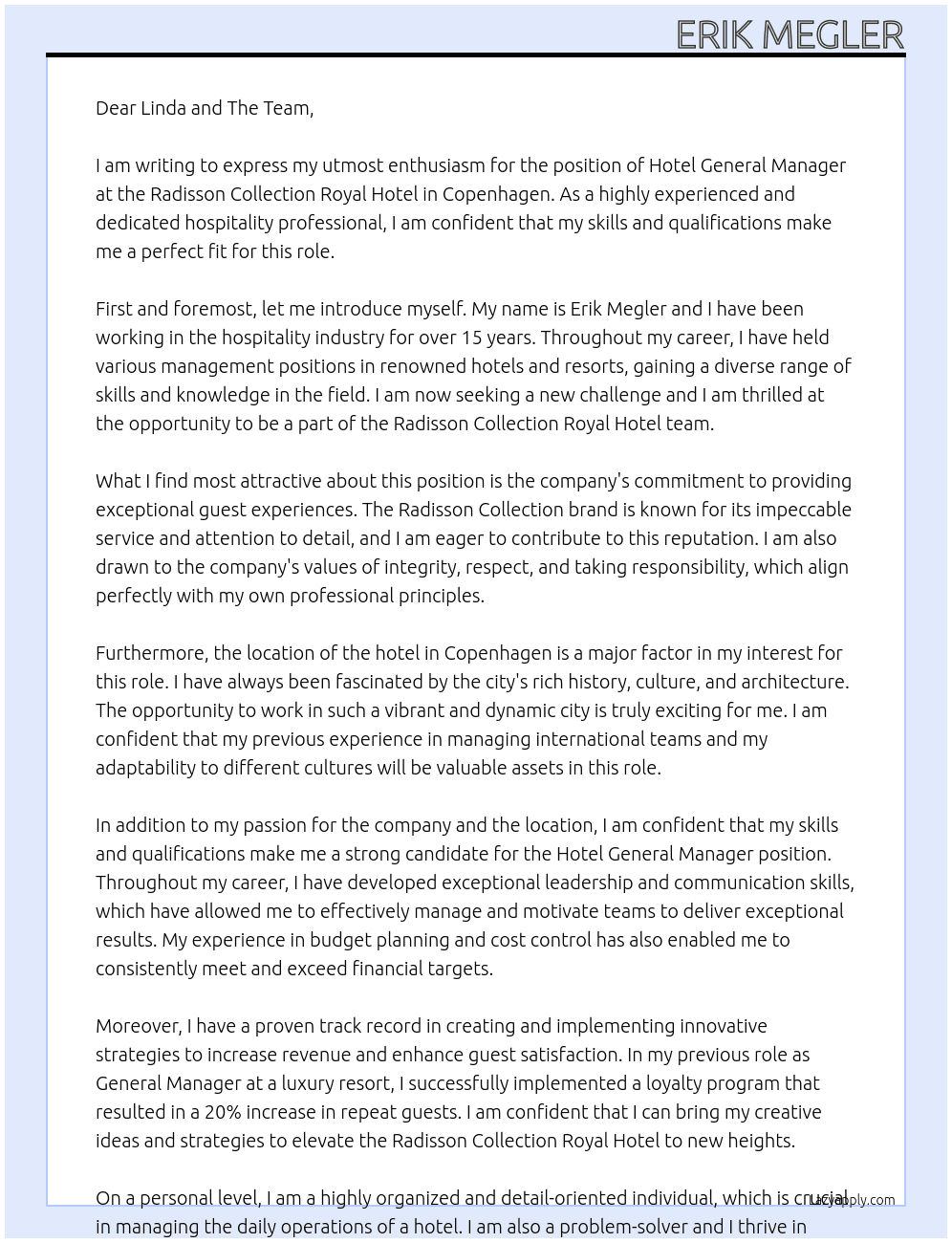 Hotel General Manager At Radisson Collection Royal Hotel Cover Letter