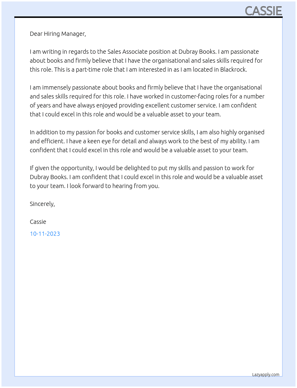Sales Associate At Dubray Books Cover Letter