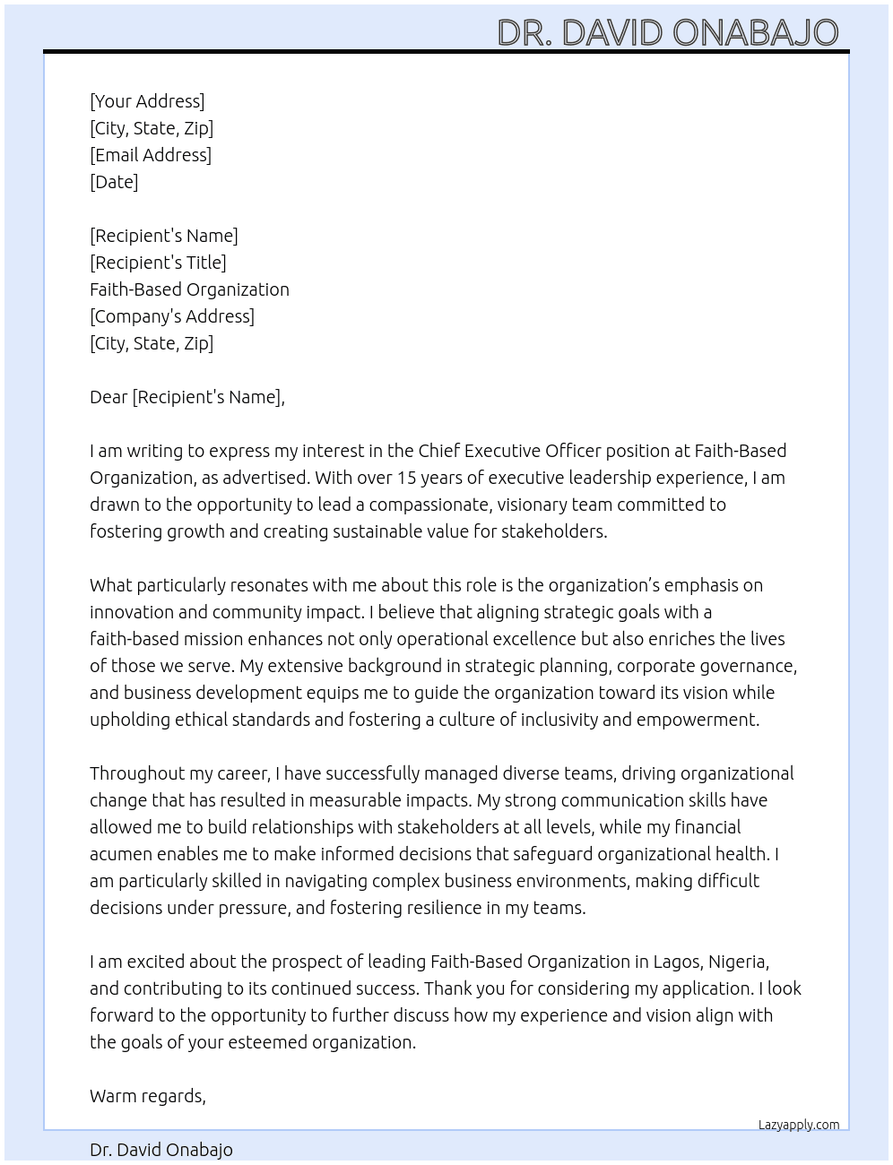 Chief Executive Officer  At Faith Based organisation  Cover Letter