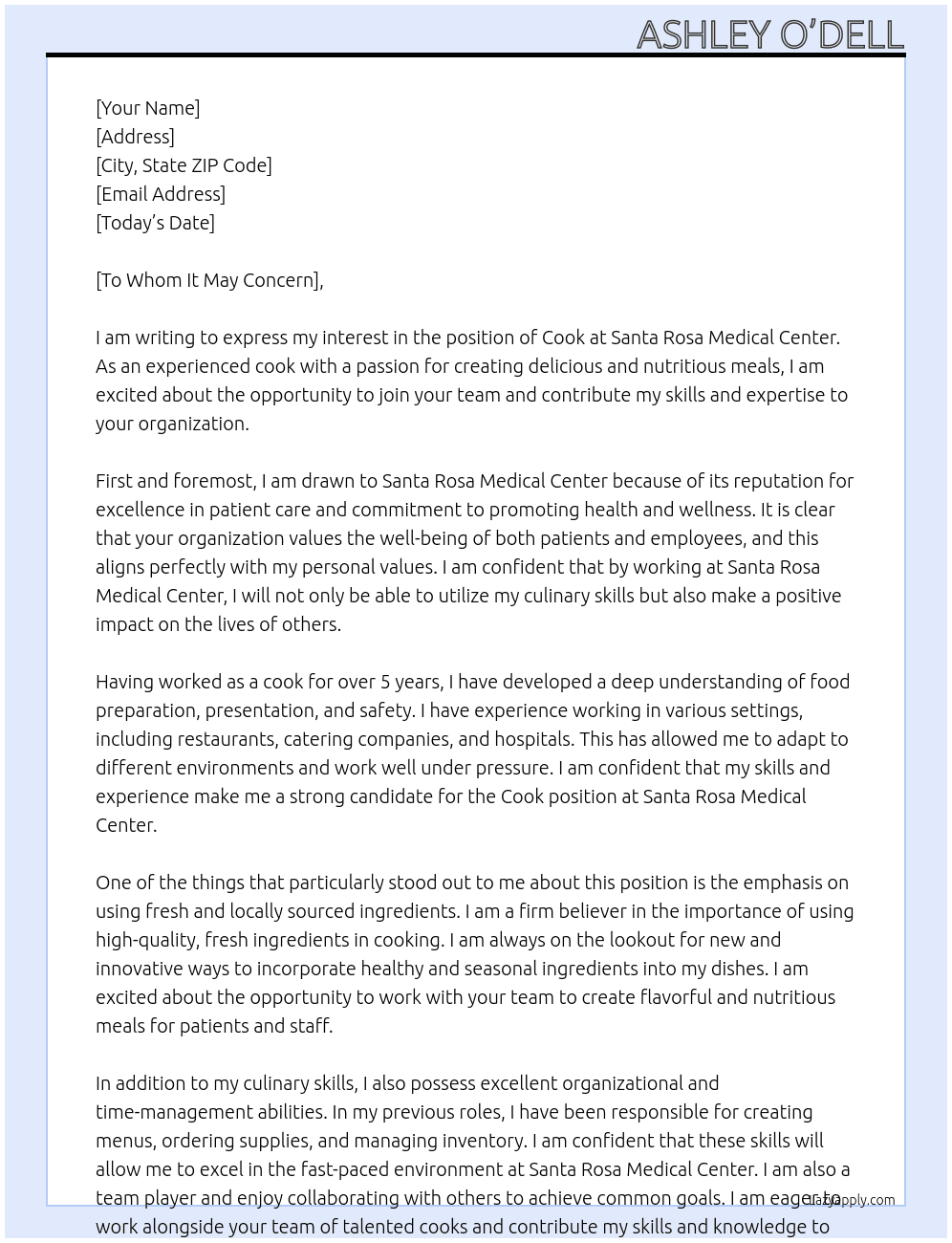 Cook At Santa Rosa Medical Center Cover Letter