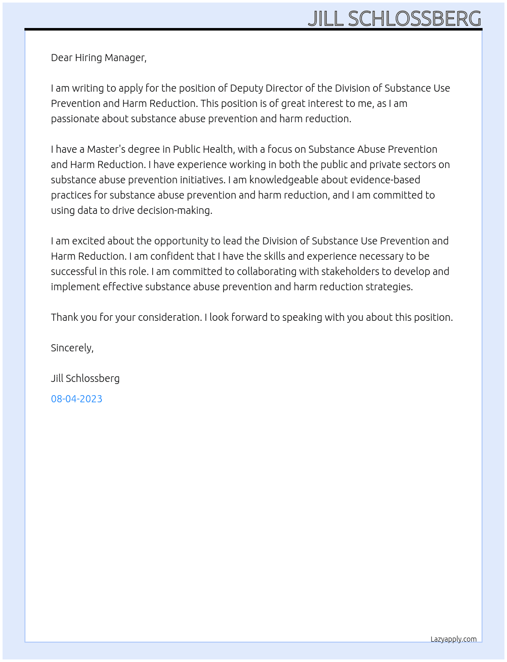Deputy Director of the Division of Substance Use Prevention and Harm Reduction At Substance Use Prevention and Harm Reduction Cover Letter